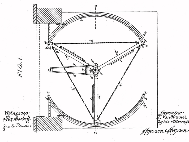 Esquema de la patente original de la puerta giratoria. Foto: Wikimedia Commons.